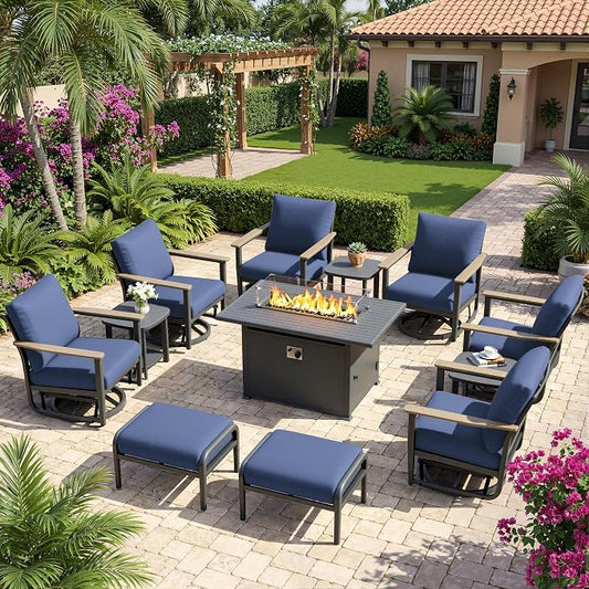 Aluminum Patio Swivel Rocking Chair Outdoor Bistro Set, 12pcs Patio Conversation Set Outdoor Patio Furniture Set with High Backrest & Thickened Cushions for Garden, Deck and Balcony, Navy Blue