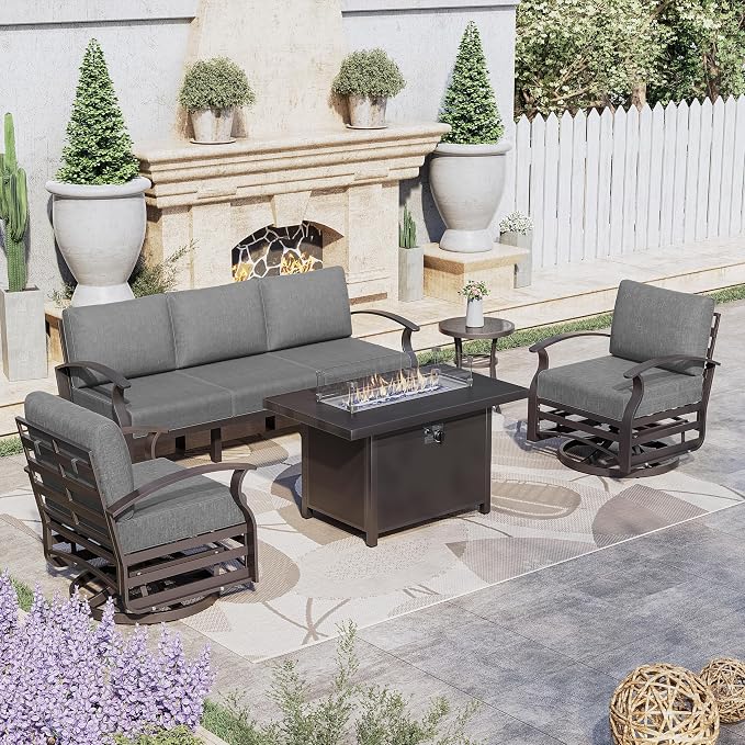 Kurapika Aluminum Patio Furniture Set 5-Seat Modern Metal Outdoor Conversation Sets w/45in Propane Fire Pit Table, Swivel Rocking Chairs Patio Sectional Sofa w/5.1in Cushion, Grey