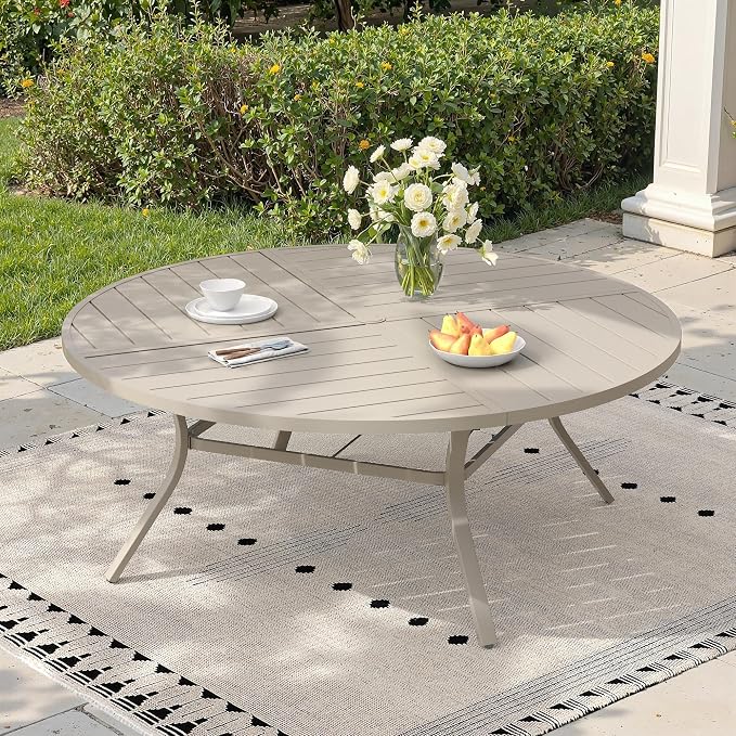 63" Outdoor Dining Table with Adjustable Umbrella Hole, Metal Slatted Round Patio Dining Table for Backyard Garden Deck, Sandshell