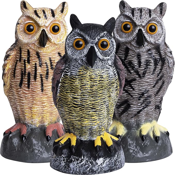 Plastic Owl Decoys [Set of 3] - Multicolor Owl Statues for Garden & Outdoors, Scare Birds Away, Realistic Design with Reflective Eyes, Weather Resistant