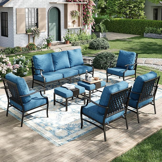 MIXPATIO Patio Furniture Set 7 pcs, Outdoor Patio Furniture, 3-Seat Sofa, 4 Single Chairs, 2 Ottomans and 5.75" Extra Thick Cushion, Conversation Set for Backyard Deck,Gemstone Blue