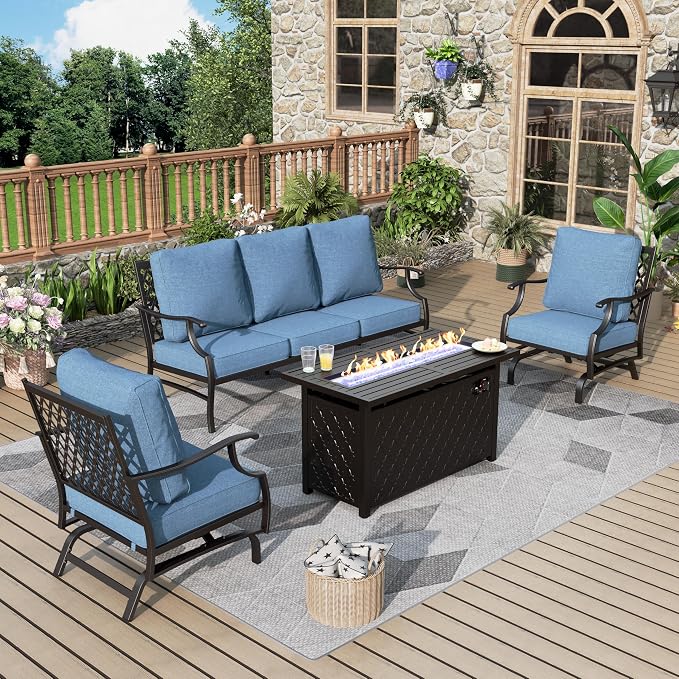 MIXPATIO Patio Furniture Set, 4 Pcs Metal Outdoor Conversation Set, 2 Rocking Chairs and 3 Seater Sofa with 5.75" Extra Thick Cushion and Gas Fire Pit Table for Backyard Deck, Navy Blue