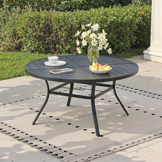 50" Outdoor Dining Table with Adjustable Umbrella Hole, Metal Slatted Round Patio Dining Table for Backyard Garden Deck, Black