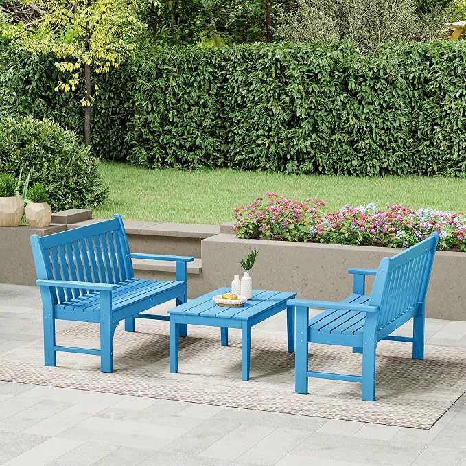 Costaelm Adirondack Outdoor Coffee Table, HDPE Drink Table Weather Resistant, Patio Porch Accent Balcony Table Outdoor End Table for Pool, Seaside, Backyard, Pacific Blue