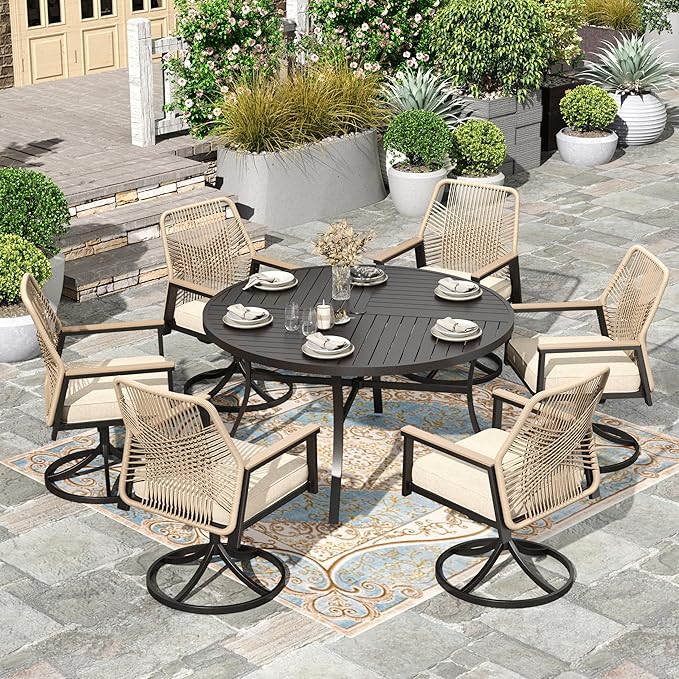 HERA'S HOUSE 7pc Patio Dining Set, 54" Round Table & 6 Rattan Chairs | Metal table with umbrella hole, cushioned chairs. Waterproof, rust-resistant, all-weather for backyard, porch.