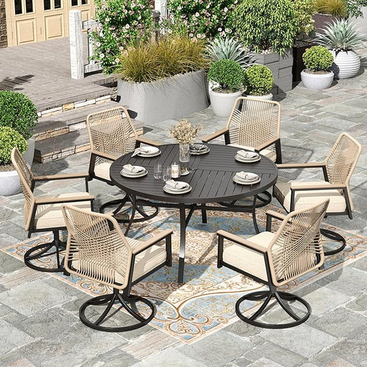 HERA'S HOUSE 7pc Patio Dining Set, 54" Round Table & 6 Rattan Chairs | Metal table with umbrella hole, cushioned chairs. Waterproof, rust-resistant, all-weather for backyard, porch.
