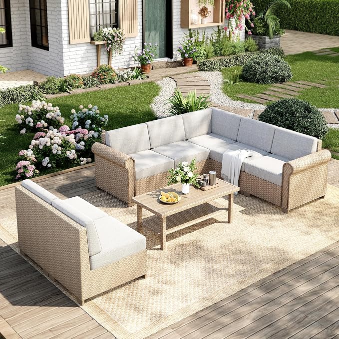 MIXPATIO Patio Furniture Set, 8 Piece Outdoor Rattan Wicker Sectional Conversation Set with 5.5" Thick Waterproof Cushions and Coffee Table