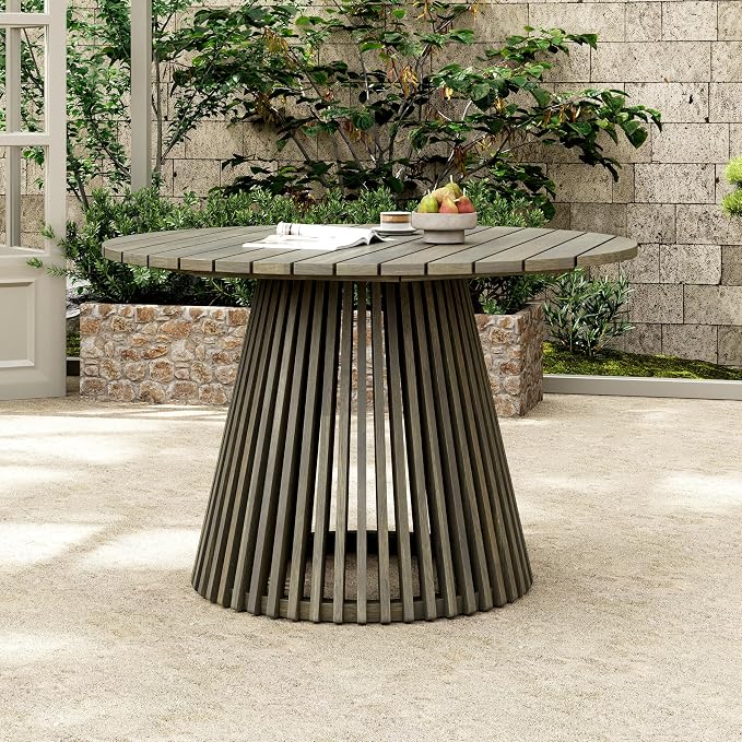 roomfitters 47.25" Round Outdoor Dining Table, Slatted Pedestal Base Acacia Wood Patio Table for 4-6 People, Grey