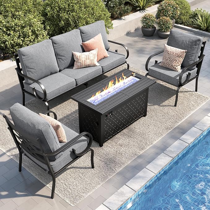 PHI VILLA Patio Furniture Set, 3-Seater Sofa, 2 Fixed Chairs and a 45" Fire Pit Table, Outdoor Metal Conversation Set with 5.75" Extra Thick Cushion for Garden Backyard Deck, Grey