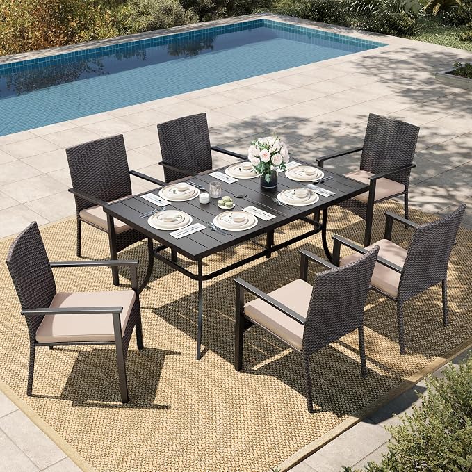 HERA'S HOUSE 7 Pieces Patio Dining Set for 6, Outdoor PE Rattan Chairs and Black Metal Table with 1.57" Umbrella Hole, Outdoor Patio Set for Deck, Balcony, Backyard, Garden