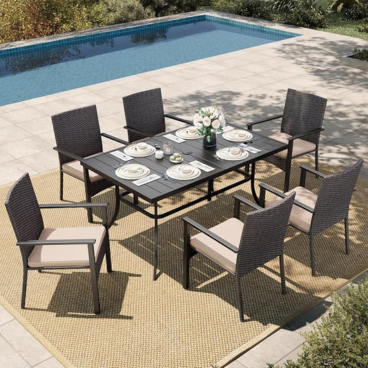HERA'S HOUSE 7 Pieces Patio Dining Set for 6, Outdoor PE Rattan Chairs and Black Metal Table with 1.57" Umbrella Hole, Outdoor Patio Set for Deck, Balcony, Backyard, Garden