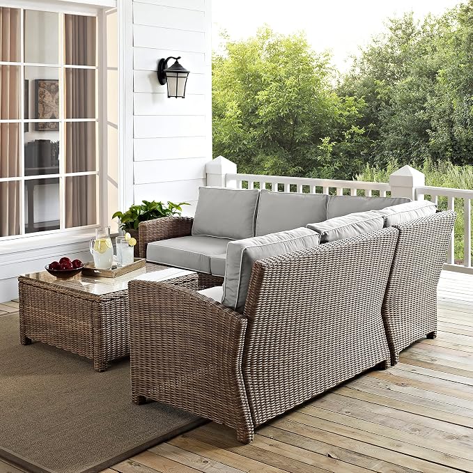 Crosley Furniture Bradenton 4-Piece Outdoor Sectional Sofa Wicker Conversation Patio Furniture Set for Deck, Brown with Gray Cushions