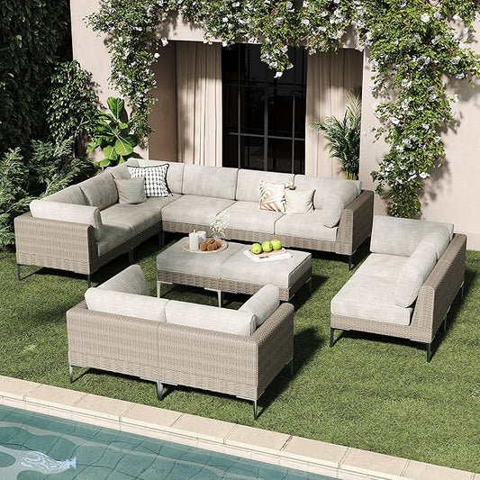 LayinSun 12-Piece Wicker Rattan Patio Furniture Set, Deep Seating Outdoor Modular Sectional Sofa Conversation Set with Thick Cushions for Lawn, Garden