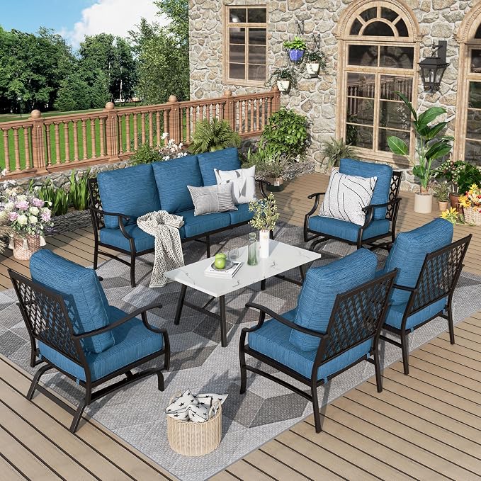 MIXPATIO Patio Furniture Set 6 pcs, Outdoor Patio Furniture, 1 X 3-Seat Sofa, 2 X Single Chairs, 2 X Rocker Chairs, 1 X Coffee Table and 5.75" Extra Thick Cushion, Conversation Set,Gemstone Blue