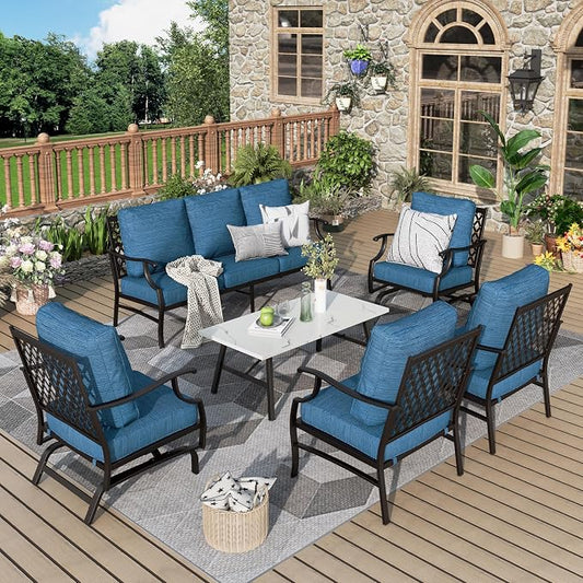 MIXPATIO Patio Furniture Set 6 pcs, Outdoor Patio Furniture, 1 X 3-Seat Sofa, 2 X Single Chairs, 2 X Rocker Chairs, 1 X Coffee Table and 5.75" Extra Thick Cushion, Conversation Set,Gemstone Blue