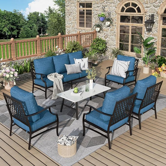 MIXPATIO Patio Furniture Set 6 pcs, Outdoor Patio Furniture, 1 X 3-Seat Sofa, 4 X Single Chairs, 1 X Coffee Table and 5.75" Extra Thick Cushion, Patio Conversation Set,Gemstone Blue