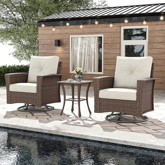 3 Pieces Outdoor Patio Furniture Set, Wicker Patio Sectional Set Conversation Wicker Swivel Chairs with Small Side Table