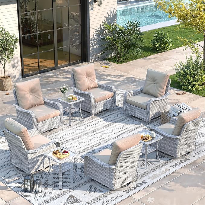 9 Piece Wicker Patio Furniture Set, Swivel Rocking Chairs with 4''Cushions, PE Rattan, Rust Resistant Frame, Double Layer Glass Side Table, for Backyard, Deck or Balcony, Beige