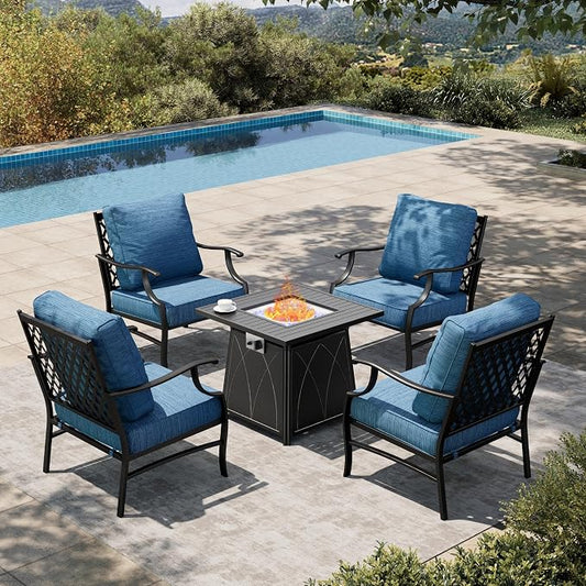 HERA'S HOUSE 5 Pieces Patio Furniture Set with Fire Pit Table, 4 x Thick Cushioned Chairs, 1 x Fire Pit Table (50,000 BTU), All Weather Outdoor Conversation Set for Garden Backyard Lawn, Pacific Blue
