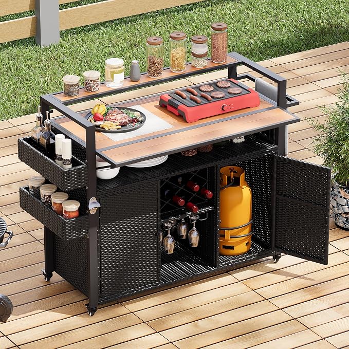 Outdoor Bar Table on Wheels with Extended Table Top and Storage Cabinet