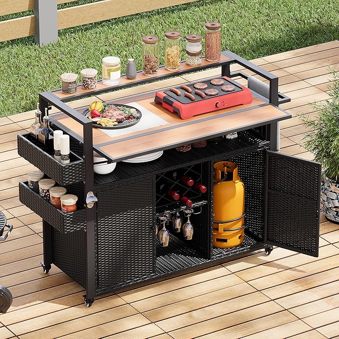 52.8" W Wicker Outdoor Grill Cart with Extended Plastic Wood Table Top, Rolling Kitchen Island on Wheels, Ample Storage, and Double Handle Design – Perfect for Patio, Backyard, and Poolside