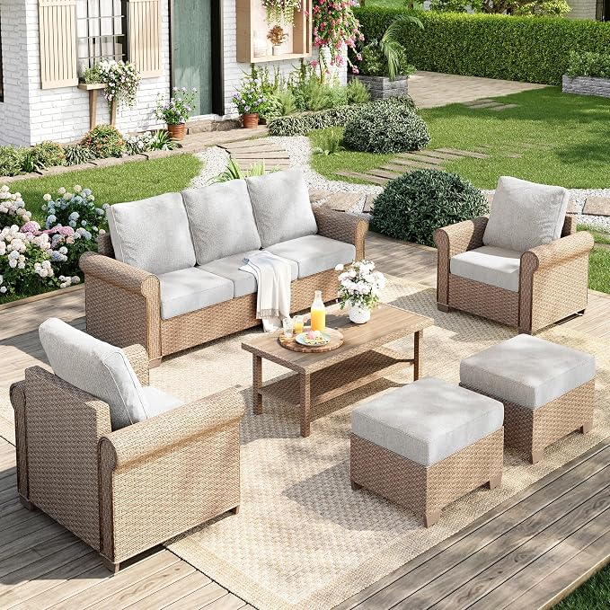 MIXPATIO Patio Furniture Set 6 pcs, Wicker Outdoor Patio Furniture, 3-Seat Sofa, 2 Single Sofas, 2 Ottomans and Coffee Table, Rattan Outdoor Conversation Set for Backyard Deck, Beige