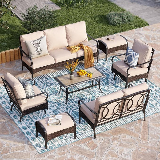 PHI VILLA Extra Large Outdoor Modern Patio Furniture Set, Upgraded Wicker & Metal Patio Conversation Set with Waterproof Thick Cushions for Porch, Poolside, Yard(7 Pieces,Beige)