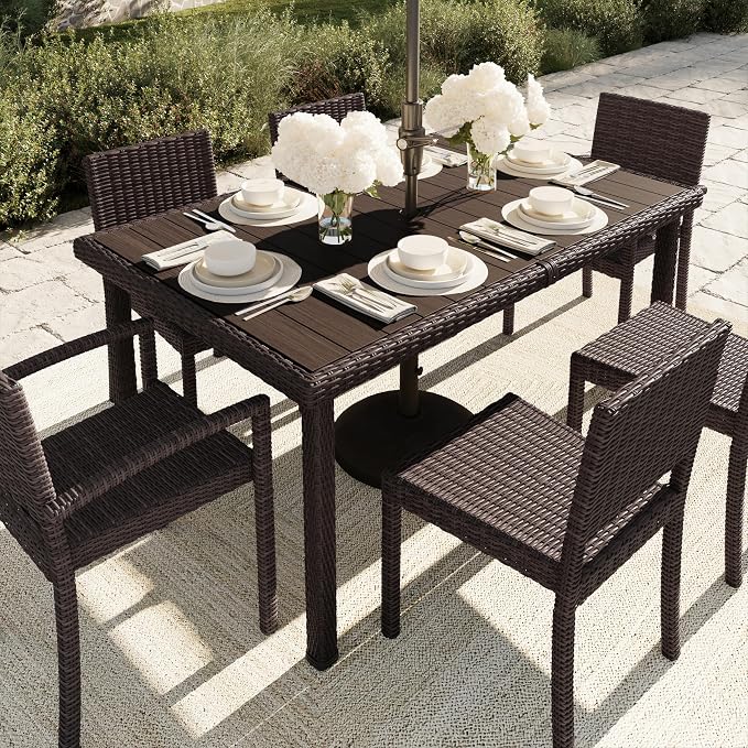 Martha Stewart Bedford 62" Indoor-Outdoor Patio Table with Faux Wood Top and Rattan Wicker Finish in Brown