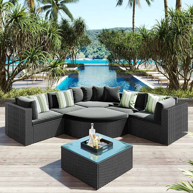 7 piece Outdoor Wicker Sofa Set, Outdoor Conversation Set for 6 People, All Weather Sectional Lounger Sofa with Coffee Table, Cushions & Pillows for Balcony Porch Backyard, Black+Gray