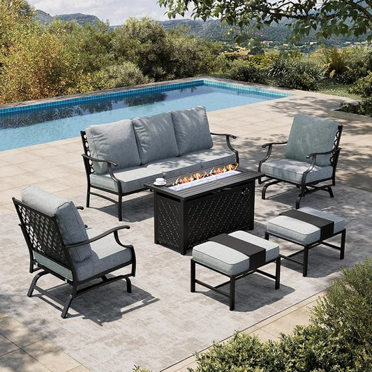 HERA'S HOUSE 6 Pieces Patio Furniture Set with Fire Pit Table, 2 x Rocking Chair, 2 x Ottoman, 3-Seat Sofa with 45" Fire Pit Table, Outdoor Conversation Set for Garden Poolside Backyard, Grey