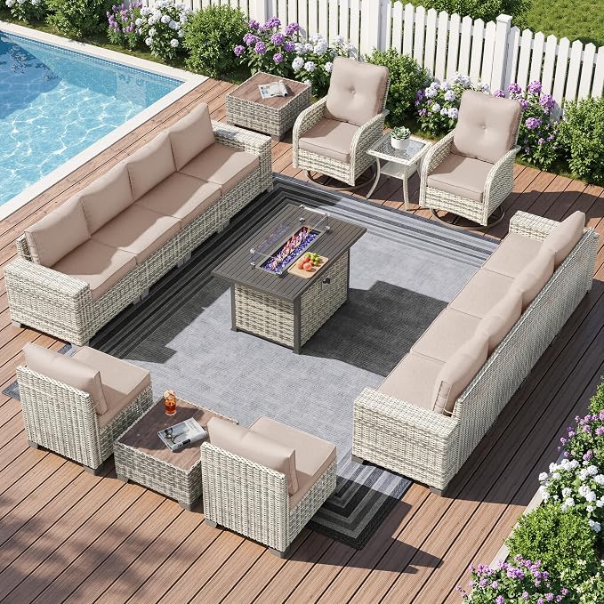 16-Piece Outdoor Patio Furniture Set with Rocking Swivel Chair, PE Wicker Rattan Sectional Sofa Patio Conversation Set with 55,000 BTU Fire Pit Table & Coffee Table, Beige