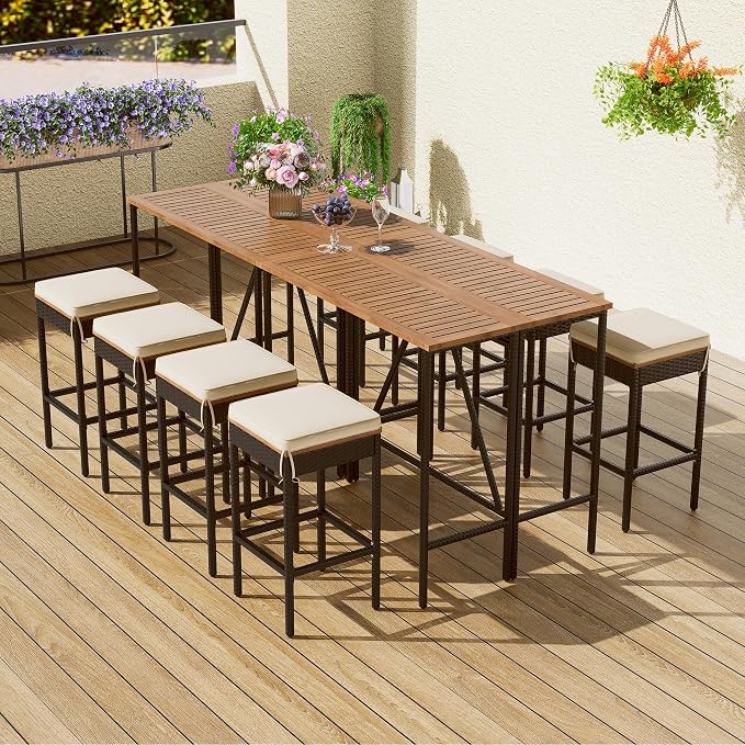 10-Piece Outdoor Patio Dining Set, Acacia Wood Bar Height Table with Foldable Tabletop and Four Stools with Cushions, High-Dining Bistro Set