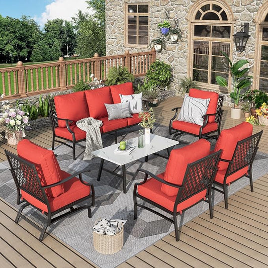 MIXPATIO Patio Furniture Set 6 pcs, Outdoor Patio Furniture, 1 X 3-Seat Sofa, 2 X Single Chairs, 2 X Rocker Chairs, 1 X Coffee Table and 5.75" Extra Thick Cushion, Patio Conversation Set,Red