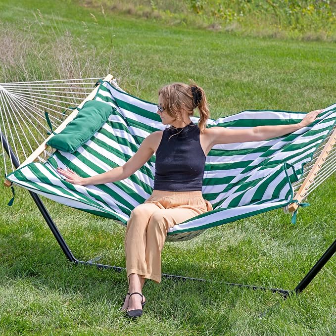 Sunnydaze Rope Double Hammock with Stand for Outside - Heavy Duty Freestanding Portable Outdoor Hammock Set with Quilted Pad, Pillow, and 12-Foot Steel Frame - 450 lb Capacity - Green & White Stripe