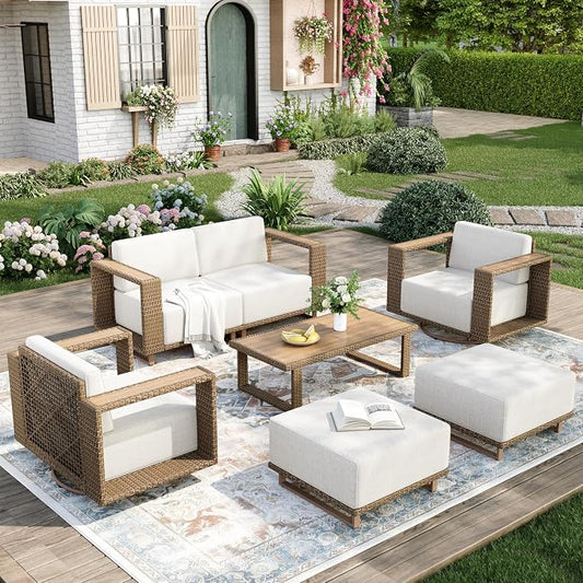MIXPATIO Patio Furniture Set with Swivel Chairs, 6 Piece Outdoor Yellow Rattan Wicker Conversation Sets, Deep Seating Sofa with 10" Thick Cushions, Low Profile Deck Backyard Lawn Furniture