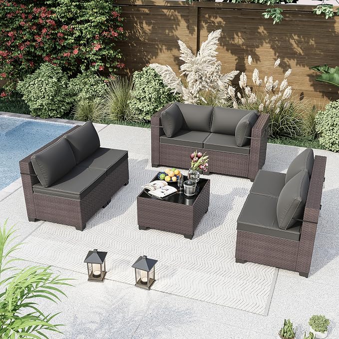 Kurapika 7 Pieces Patio Furniture Set, Rattan Wicker Outdoor Conversation Sets w/4 Inch Cushion and Glass Coffee Table(Grey)