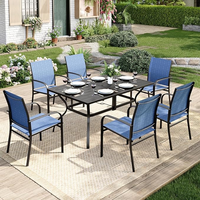 MIXPATIO Outdoor Table and Chairs, Patio Dining Sets for 6 with Blue Chairs and Metal Rectangular Table for Deck Backyard Lawn Poolside