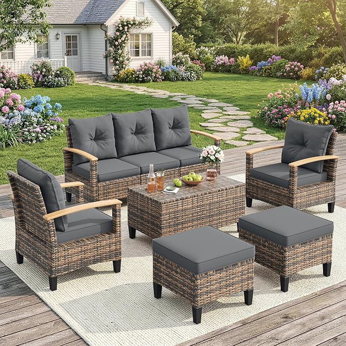 UDPATIO Patio Furniture Set, 6 Pieces Outdoor Wicker Conversation Set with 2 Ottomans & Storage Table for Lawn, Porch, Garden, Backyard, Grey