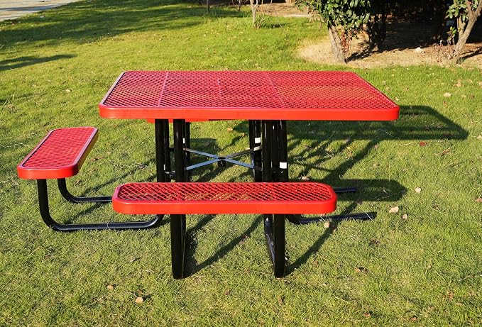ADA Outdoor Picnic Table, Expanded Metal, Wheelchair Accessible, Red, 46 Inch Square