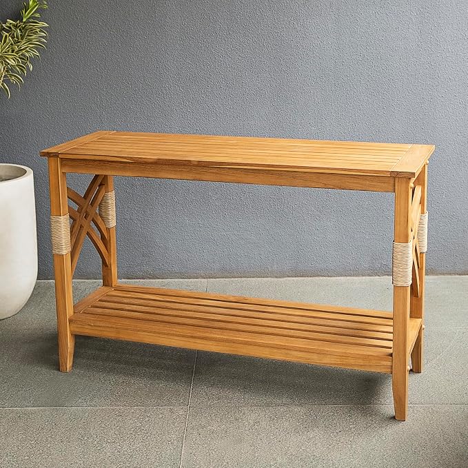 Cambridge Casual Sierra Teak Wood Outdoor Console Table with Accent Wicker, Natural Teak, Narrow Garden Table with Bottom Shelf for Patio, Deck, Entry Way or Poolside – Weather-Resistant