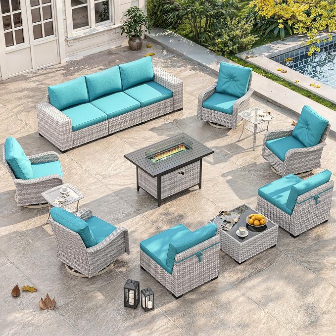 13 Piece Outdoor Wicker Sectional Sofa Set with Swivel Chairs & Fire Pit Table, 9-Seats with 4" Thickened Cushions & Coffee Table, All-Weather PE Rattan for Garden, Backyard, Porch, Turquoise