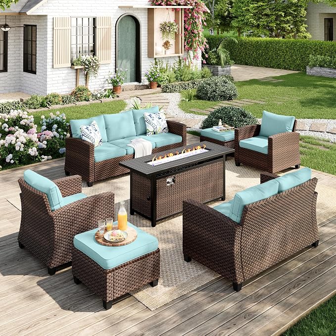 MIXPATIO Patio Furniture Set, 7 Pcs Wicker Rattan Outdoor Conversation Set, 2 x Leg Chairs, 1 x 3 Seater Sofa, 1 x 2-Seat Lover Sofa and 2 x Ottomans with 4" Thick Cushion and 56" Fire Pit Table, Blue
