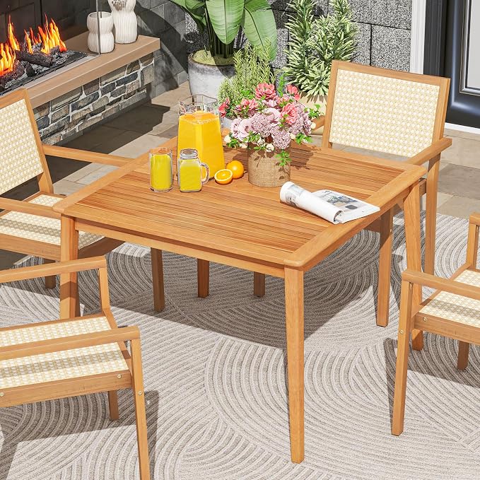 Tangkula 4-Person Outdoor Acacia Wood Dining Table, 40" Square Bistro Table with 1.96" Umbrella Hole, Outdoor Patio Table for Porch, Deck, Garden and Backyard, Natural