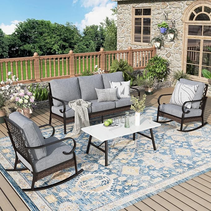 MIXPATIO Patio Furniture Set with Coffee Table, Outdoor Conversation Set with 2 x Rocking Chairs, 1 x 3-Seat Sofa for Lawn Garden Backyard, Grey
