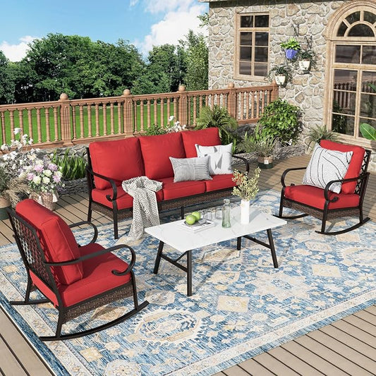 MIXPATIO Patio Furniture Set with Coffee Table, Outdoor Conversation Set with 2 x Rocking Chairs, 1 x 3-Seat Sofa for Lawn Garden Backyard, Red