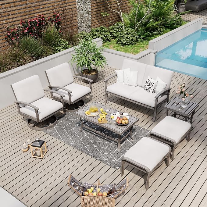 HAPPATIO 7 Piece Aluminum Patio Furniture Set, Outdoor Swivel Armchair with Loveseat, All-Weather Outdoor Sectional Sofa with Side Table and Coffee Table, Garden Conversation Set for Lawn(Gray)