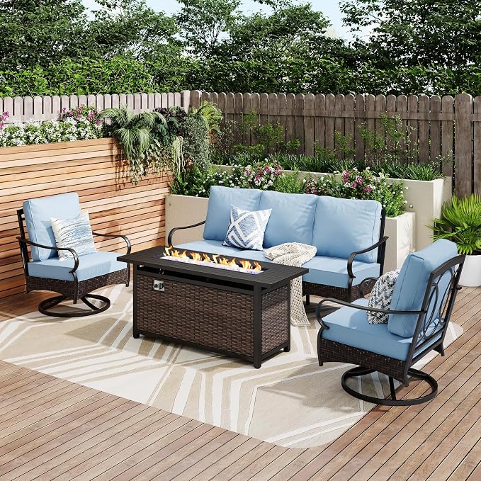 PHI VILLA Patio Furniture Set with 56" Fire Pit Table, Premium Outdoor Wicker Metal Frame Furniture with Upgraded Waterproof Thick Cushions for Porch, Poolside, Deck, and Yard （4 Pieces,Blue）