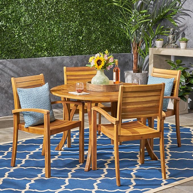 Christopher Knight Home Payne Outdoor 4-Seater Round Acacia Wood Dining Set, Teak Finish