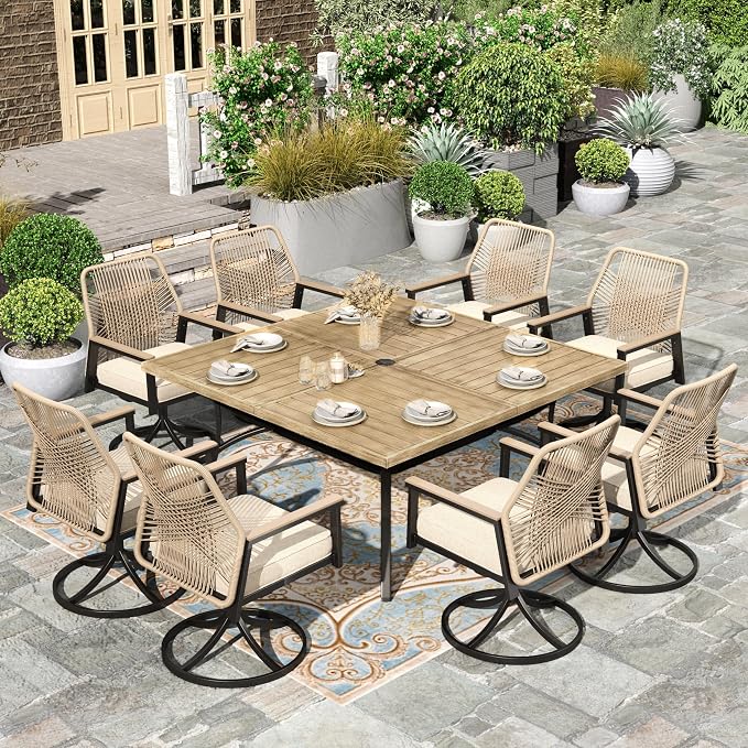 HERA'S HOUSE 9pc Patio Dining Set, 57.5" Metal Table & Swivel Rattan Chairs | Square Wood-look table with umbrella hole, cushioned chairs. Waterproof, rust-resistant, all-weather for backyard, porch.