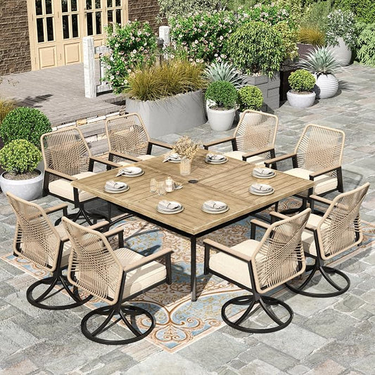 HERA'S HOUSE 9pc Patio Dining Set, 57.5" Metal Table & Swivel Rattan Chairs | Square Wood-look table with umbrella hole, cushioned chairs. Waterproof, rust-resistant, all-weather for backyard, porch.